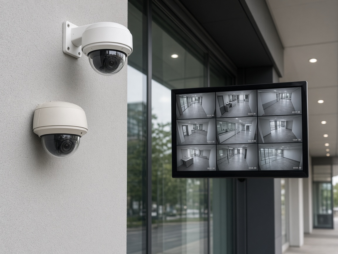 Dome cameras on a building wall beside a multi-camera monitoring screen