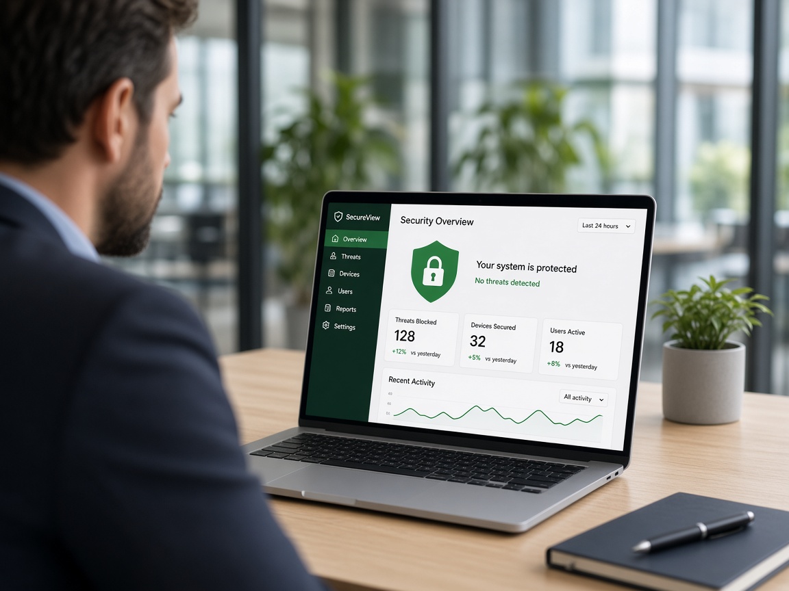 Security dashboard on a laptop showing protected devices and recent activity