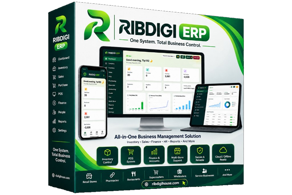Ribdigi ERP software pack — inventory, sales, finance, POS and multi-store control