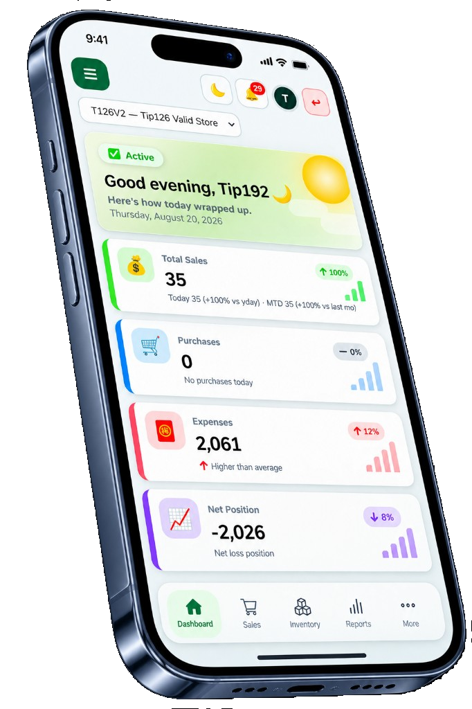 Ribdigi ERP mobile dashboard on a phone, showing the day's sales, purchases and expenses