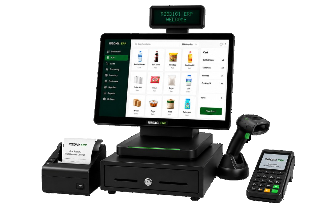 Ribdigi ERP point-of-sale counter with till, barcode scanner, receipt printer and payment terminal