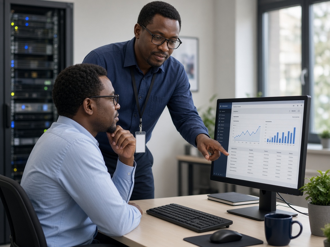 IT support engineers reviewing a business system on a desktop computer