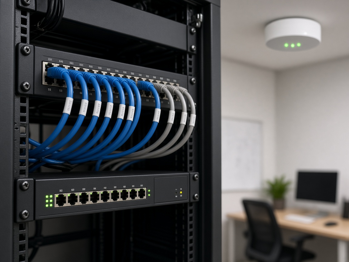 Network rack with labelled cables and a wireless access point in an office