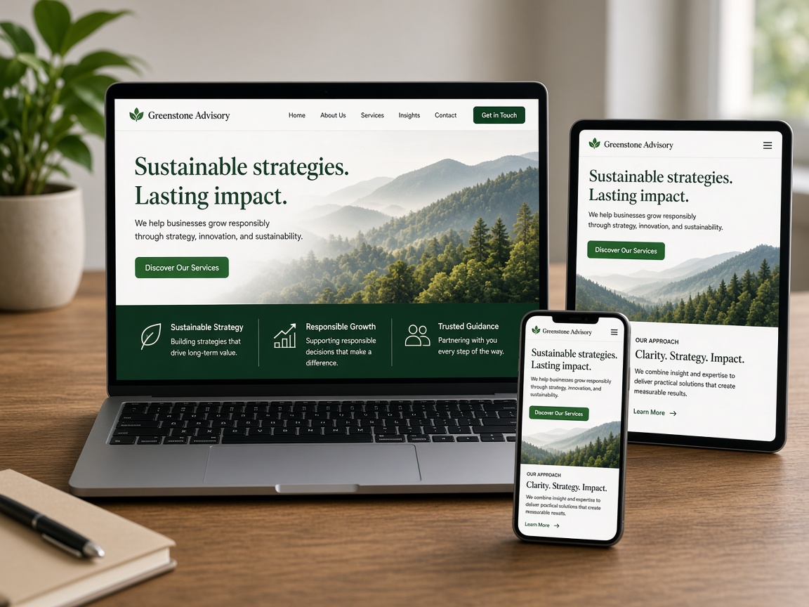 Laptop, tablet and phone showing a professional business website